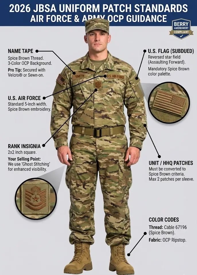 2026 Joint Base San Antonio Uniform Guide showing correct placement of name tapes, OCP rank insignia, and spice brown US flags.