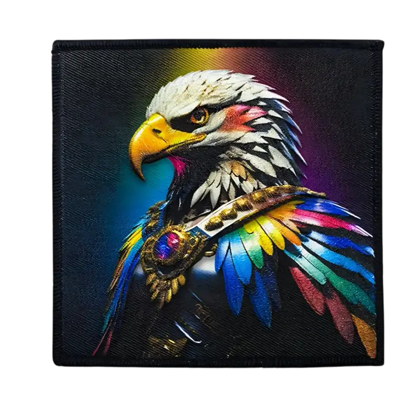 Square custom printed patch of a regal eagle with multicolored feathers and ornamental chest medallion on a black background.