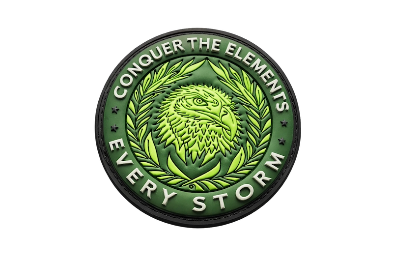 Custom 3D rubber patch with eagle design, laurel wreath, and 'Conquer The Elements' motto.