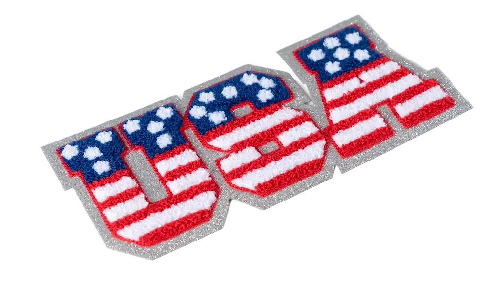 chenille patch with USA letters filled with American flag colors and raised chenille texture