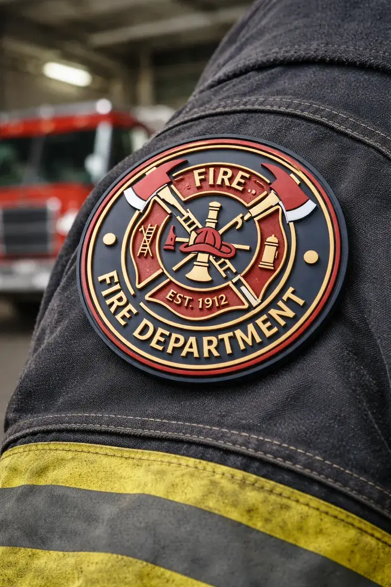 Fire department custom PVC patch on firefighter jacket sleeve