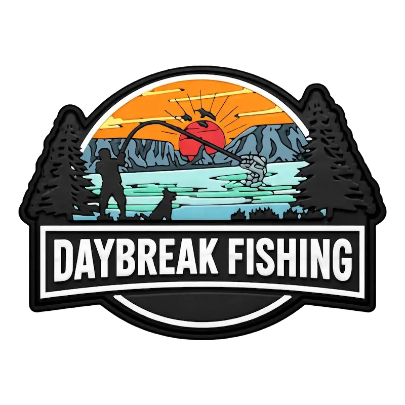 Custom waterproof rubber patch with fishing scene and Daybreak Fishing logo.