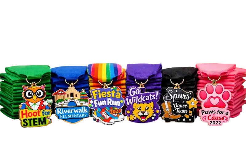 school and fundraiser medals including Fiesta Fun Run, STEM, dance team, and charity events