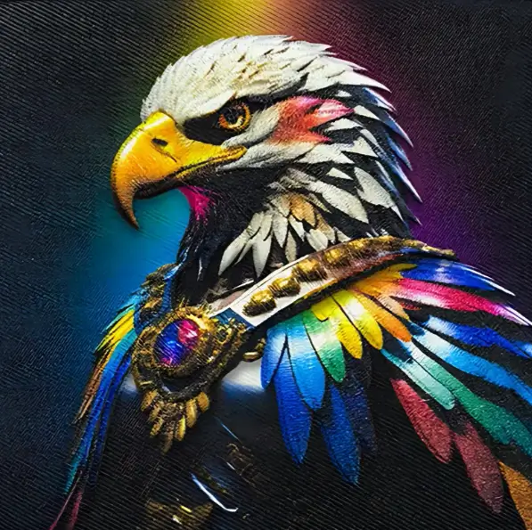 High-detail no-border printed patch featuring a colorful eagle with multicolored feathers and decorative chest medallion on dark textured background.