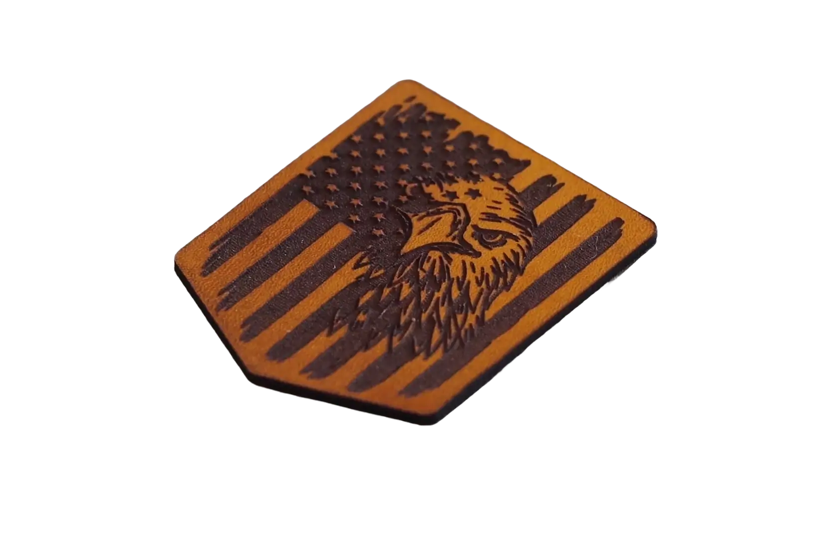 genuine leather patch engraved with American flag and eagle design showing deep laser detail