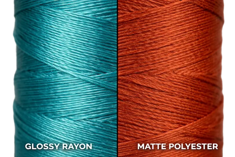 Macro side-by-side comparison of glossy teal rayon thread and matte orange polyester thread for custom embroidered patches.