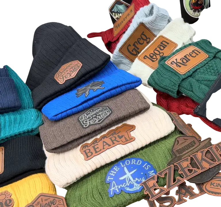 knit beanies with embossed leather patches in multiple colors