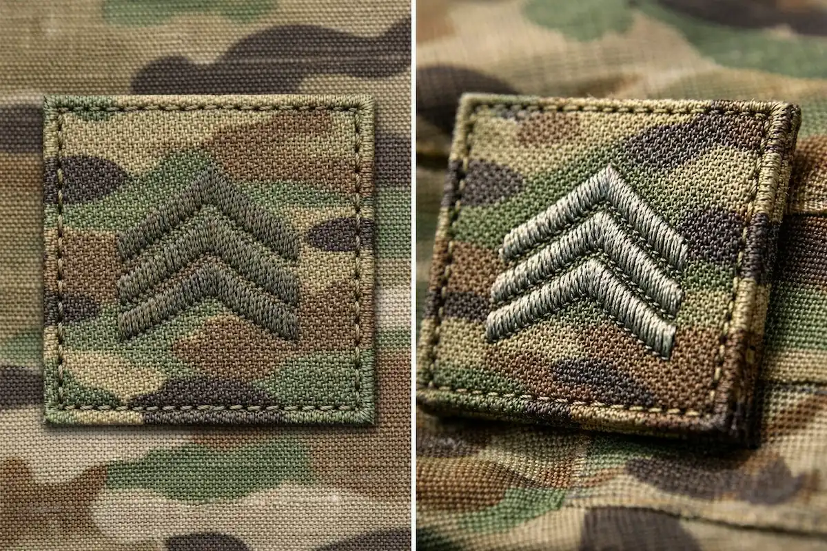 Split-screen macro comparison of an OCP rank patch, showing how ghost stitching blends into camouflage at a 90-degree angle and becomes visible at a 45-degree angle.