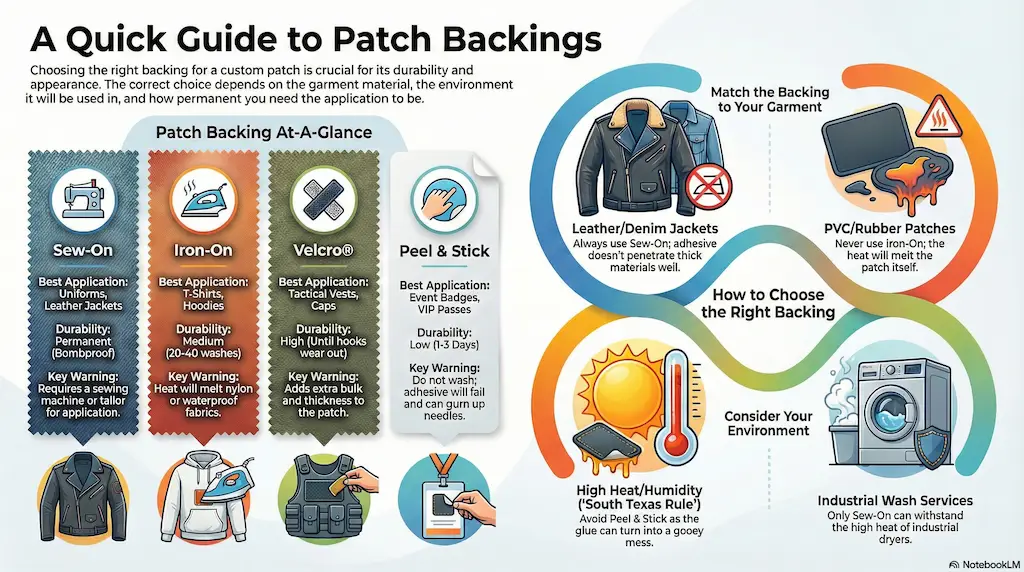 Guide to patch backing types comparing sew-on, iron-on, Velcro, and peel and stick options with durability, best use cases, and application warnings for custom patches.