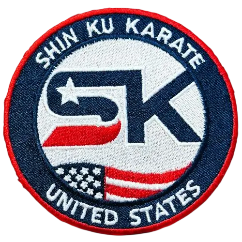Shin Ku Karate custom embroidered patch featuring the SK logo and USA flag design.