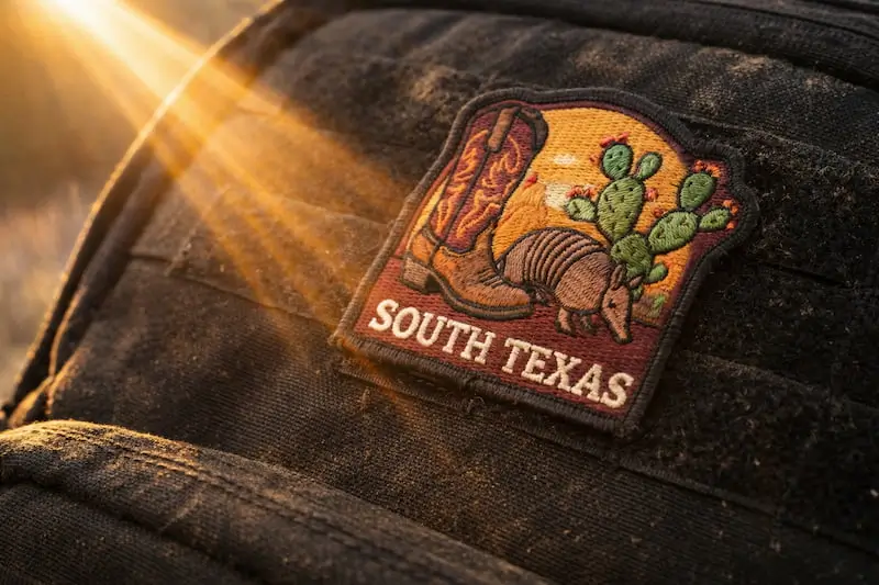 UV resistant South Texas patch on a tactical backpack in the sun.