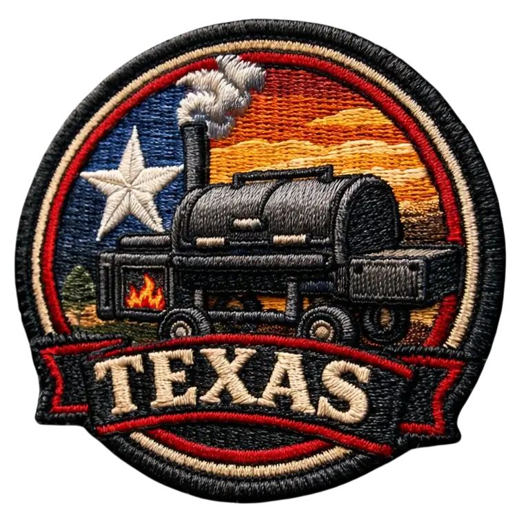 Round custom embroidered Texas patch featuring a barbecue smoker, Texas star, and sunset background with bold 'TEXAS' text and merrowed border.