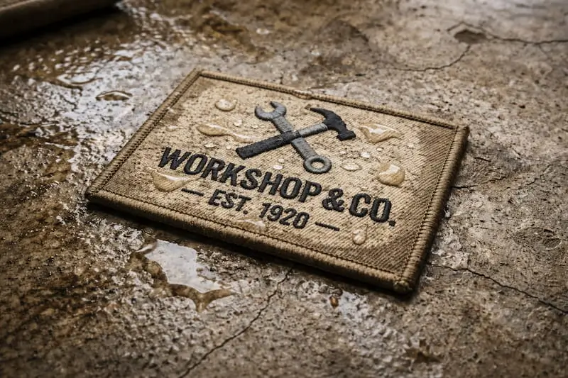 Washable industrial patch on a wet concrete workshop floor.