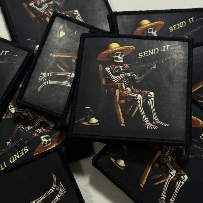High-resolution printed custom patch featuring a skeleton in a sombrero holding a sniper rifle with the text Send It.